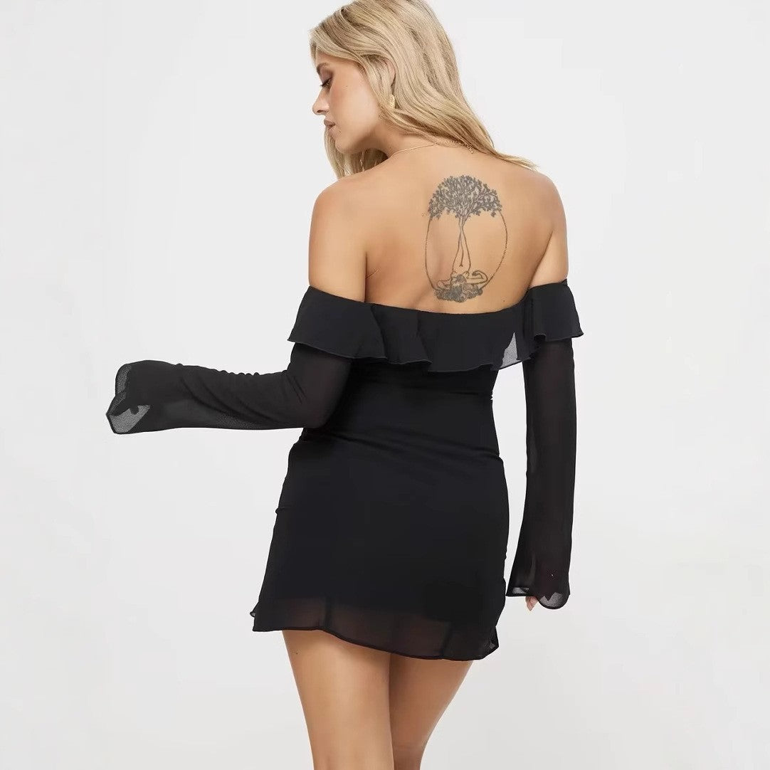 Spring Fashionable Mesh Ruffle Design Women's Mini Skirt Sexy Tube Top One-line Collar Strapless Back Slim Fit Hip Skirt