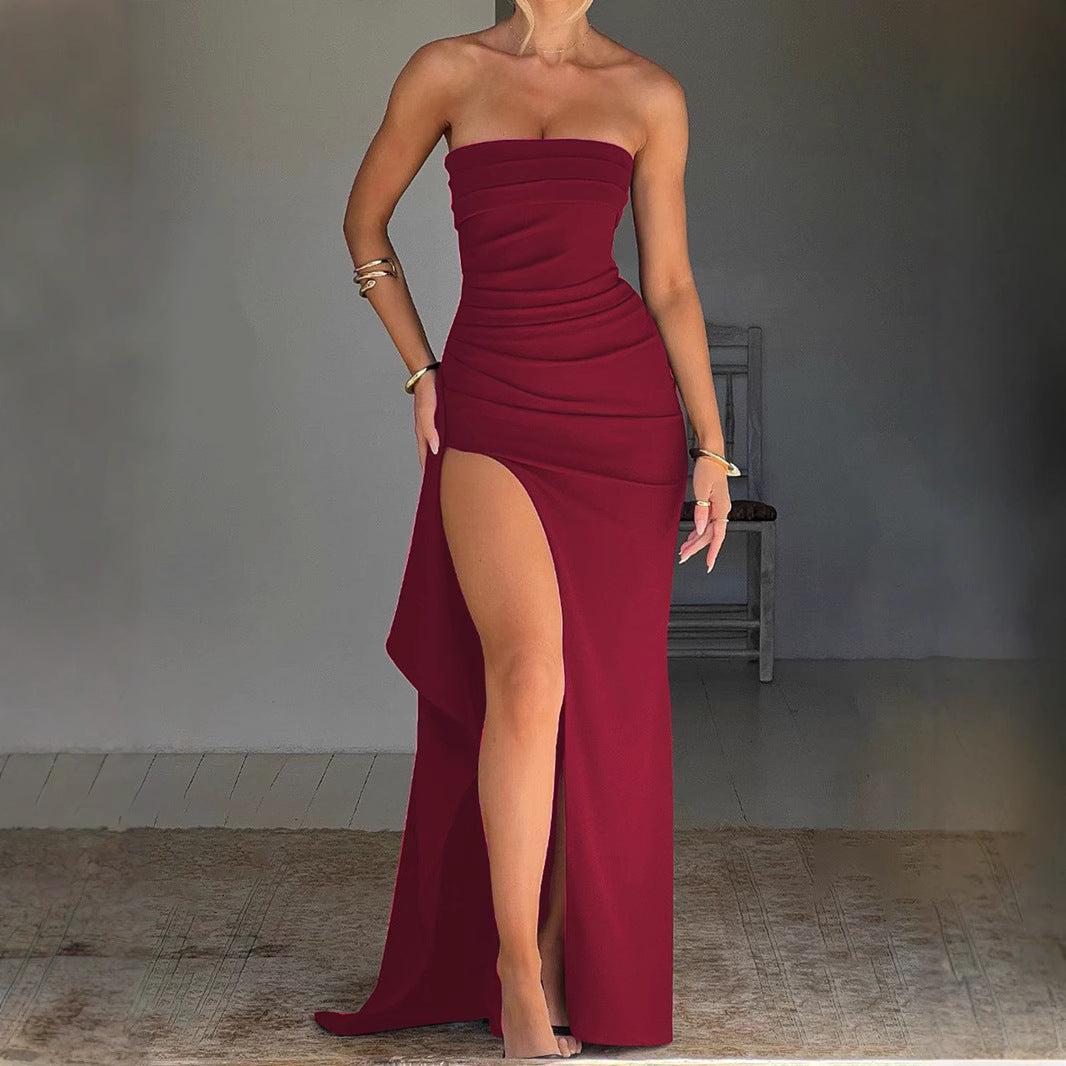 Summer Sexy Tube Top High Slit Backless Dress Ruffled Off-Shoulder Sleeveless Slim Elegant Elegant High-End Club Party Long Skirt Evening Dress Wedding Dress