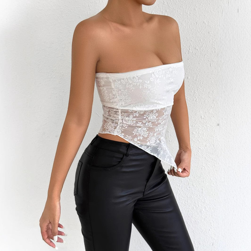Girl's Sexy And Elegant Backless Lace Chest Wrapped Nightclub Party Fashionable Shoulderless Asymmetrical Top White Dress