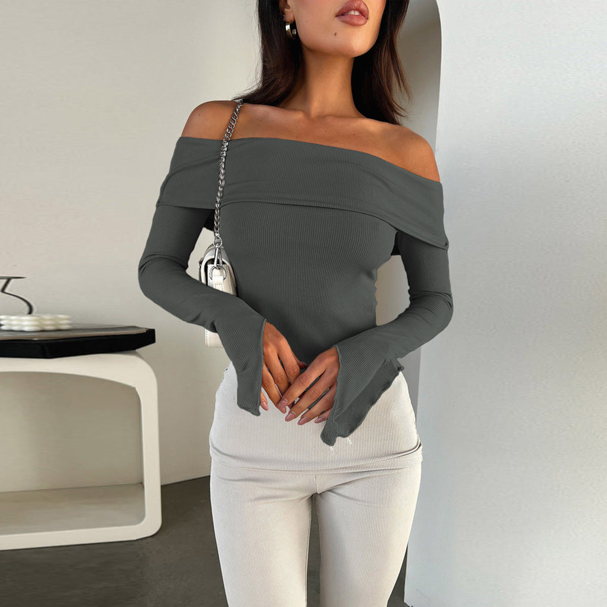 Women's Sexy Slimming Long Sleeved One Shoulder Foldable Tight Top New For Spring 2025 Nightclub Party