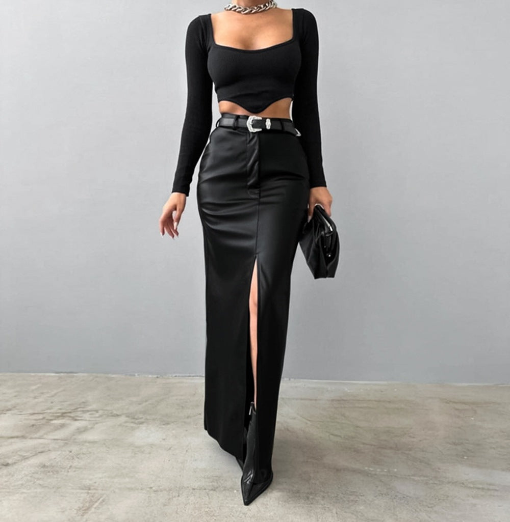 Fashionable PU Leather Solid Color Splicing Design Sense High Waist Slit Slim Fit Long Skirt