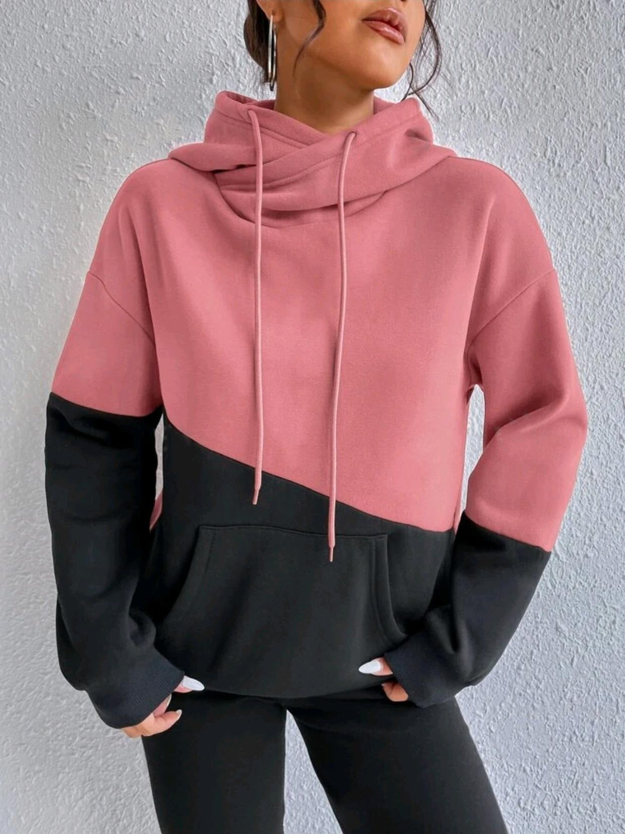 Lady Fall Winter Hoodie Color Block Stitching Pocket Drawstring Casual Street Loose Long Sleeve Hooded Sweatshirt Women's Top