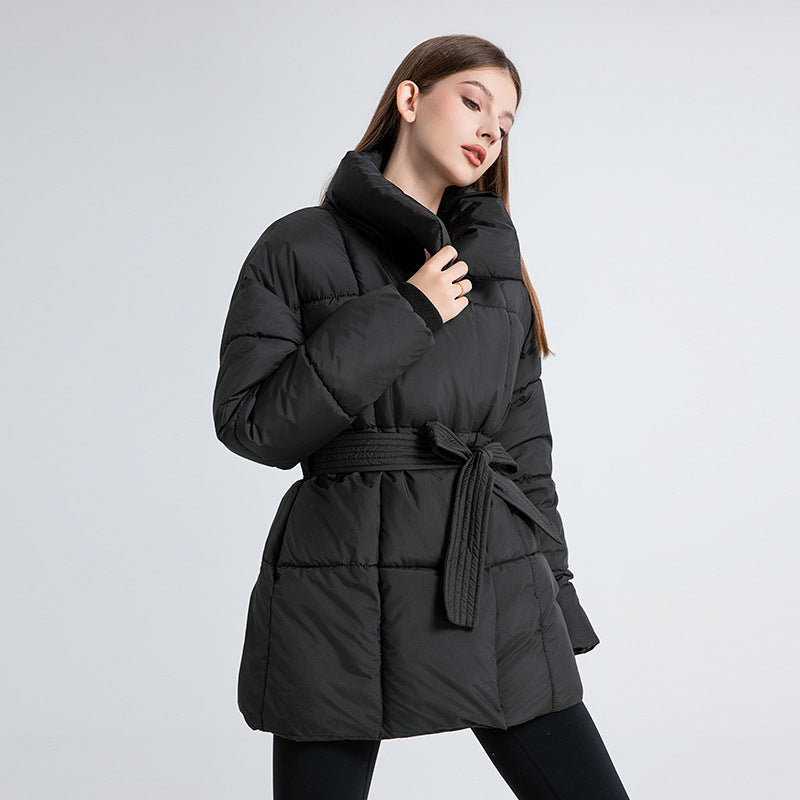 Winter Thick Stand Collar Parkas Women Fashion Tie Waist Coats