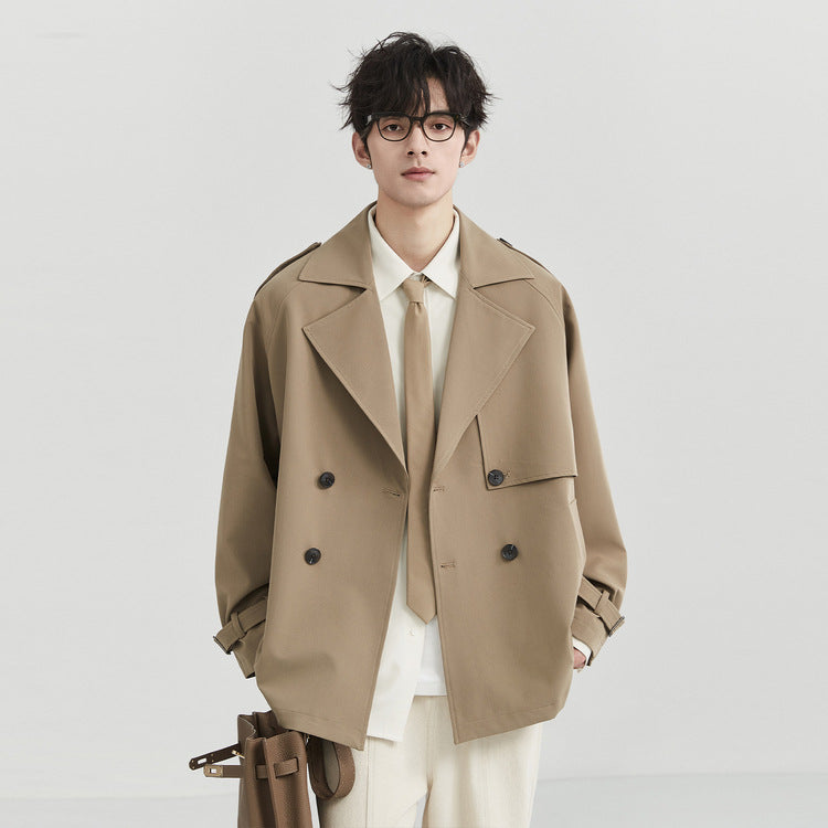 Spring Autumn New Men's Suit Collar Windbreaker Short Korean ElegantLoose Solid Casual Double-breasted Trench Coat for Men