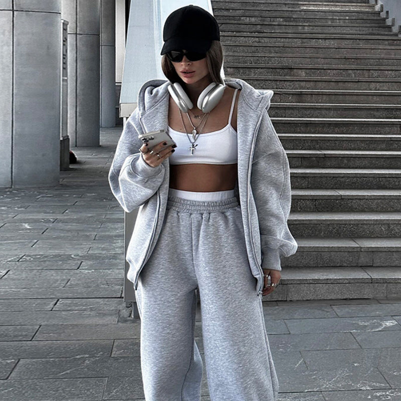 Womens Hooded Polar Fleece Cardigan Sweatshirt Suit Two Piece Suit