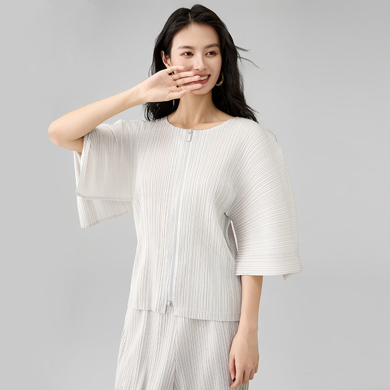 Women's Round Collar Profile Half Sleeve Zipper Tops And Folded spliced Pants Sets