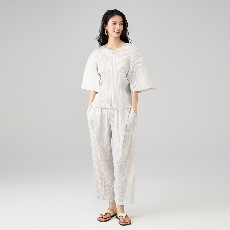 Women's Round Collar Profile Half Sleeve Zipper Tops And Folded spliced Pants Sets