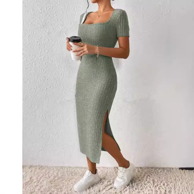 Summer Square Neck, Hip-Hugging Mid-Length Skirt, Short-Sleeved, Versatile Knitted Slit Dress