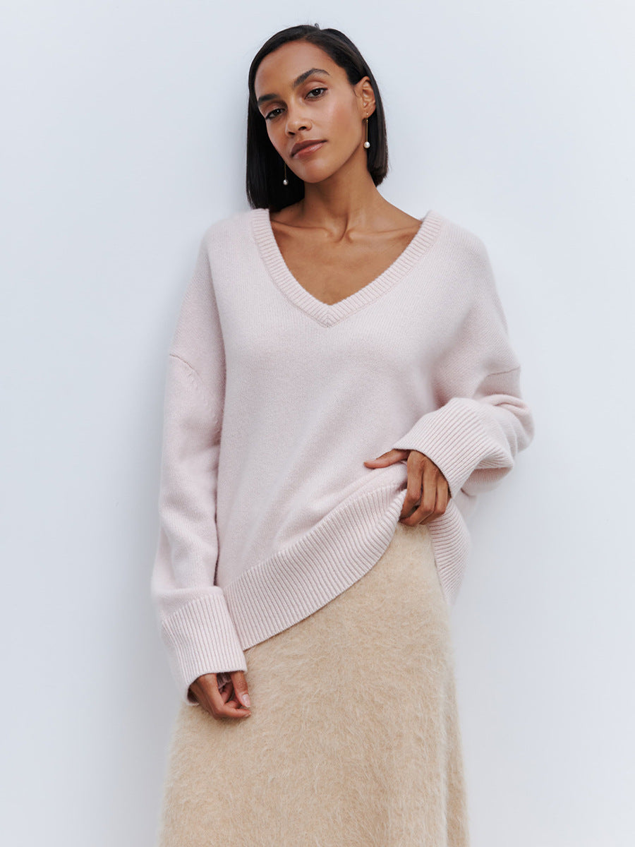 Oversized V-neck Sweater Women's Warm Casual Knitted Pullover Sweat
