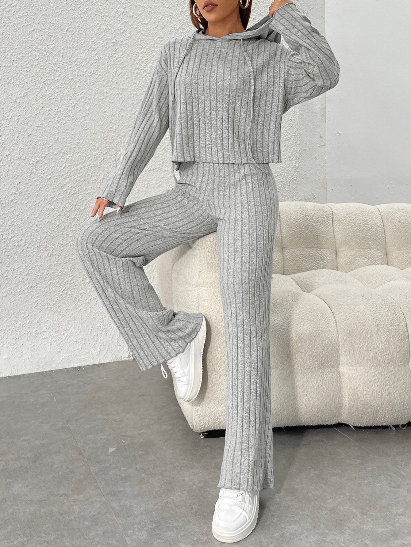 Spring Autumn Women's New Solid Color Casual Knitted Striped Hooded Sweatshirt Loose Long Sleeved Long Pants Two-piece Set