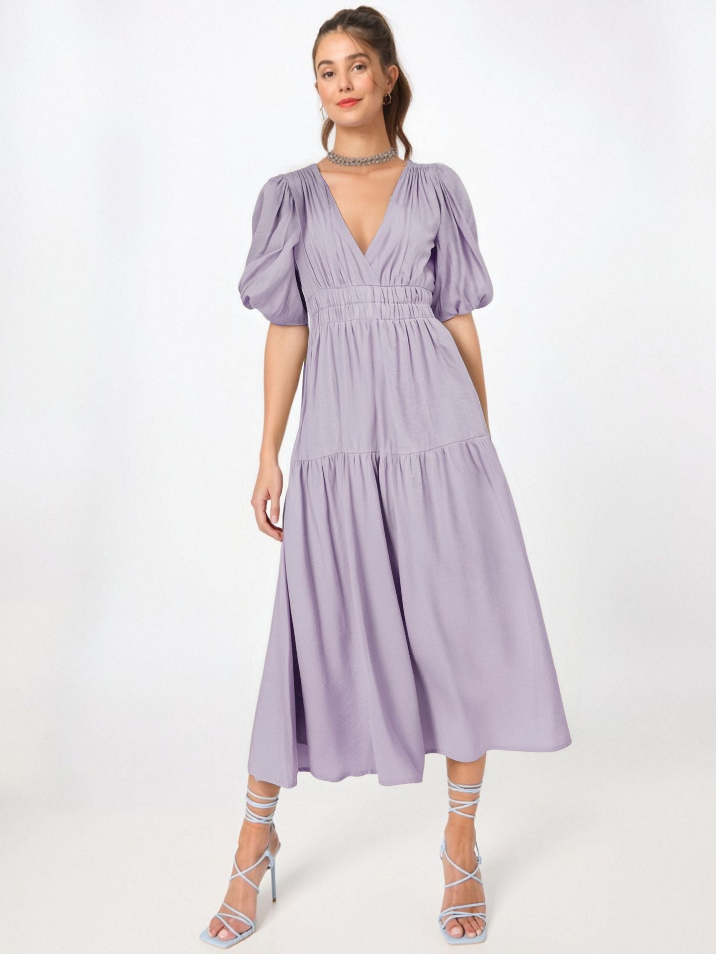 Sexy V Neck Dresses For Women'S Summer Casual Short Sleeve Solid Swing Dress Flowy Tiered Maxi Beach Sundress For Mature Women
