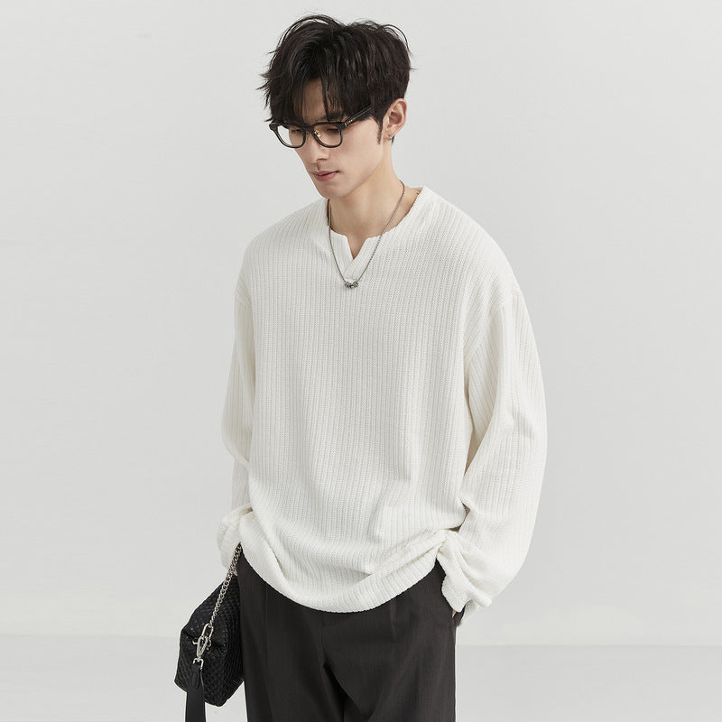 New Trendy Men's Minimalist and Versatile V-neck Pit Stripe Long Sleeved Elastic Solid Casual Loose Oversized T-shirt