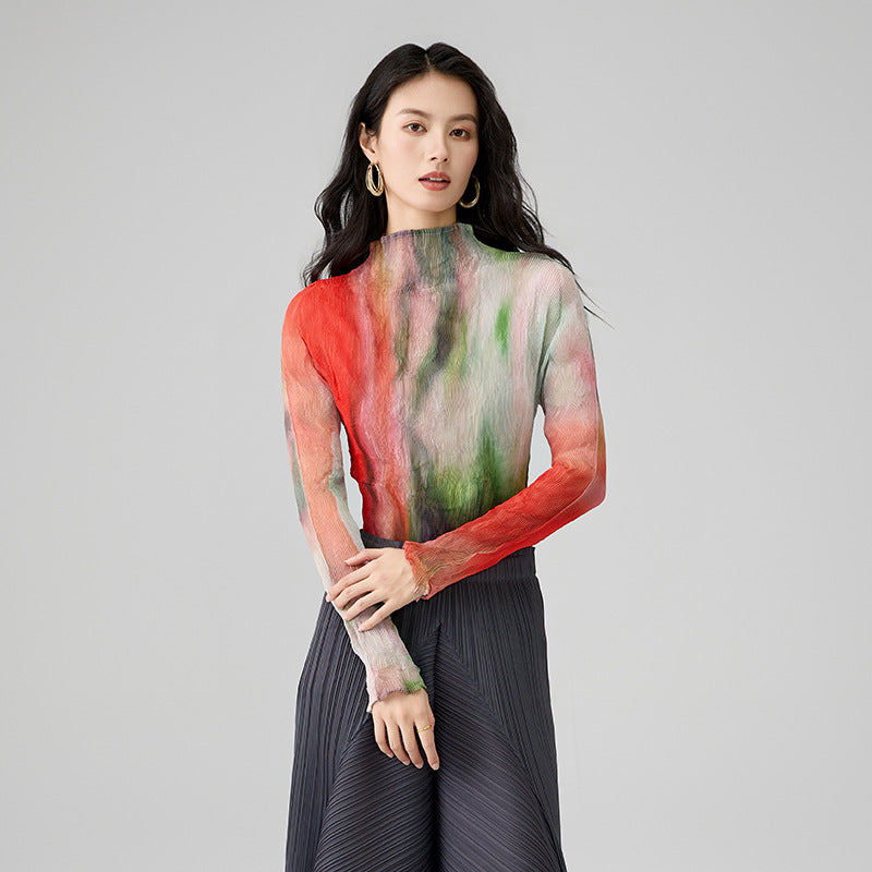 Spring New Tie-dye Long-sleeved Bottoming Shirt Wicker Print Fashionable Versatile Half-high Neck Slim T-shirt
