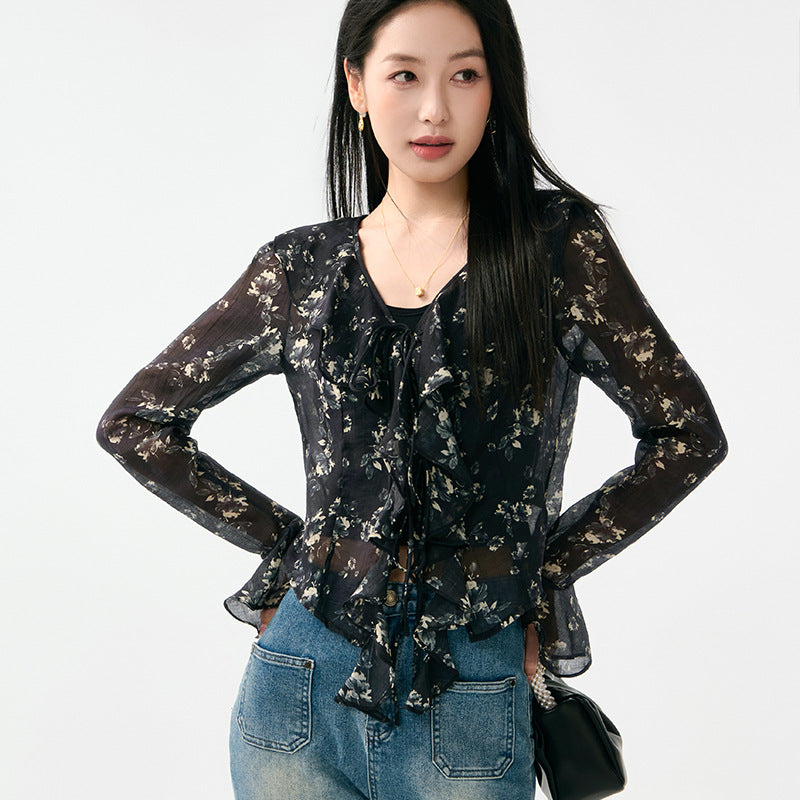 New Heavy Duty Embroidery Lace Sequins Loose Fit Versatile Sweet Top Shirt Women's Button-Up Blouse