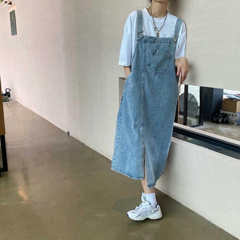 Sleeveless Strap Dress Summer Pockets Denim Dresses Woman Korean Style H Line Side Pockets Split Hem Suspender Denim Dress