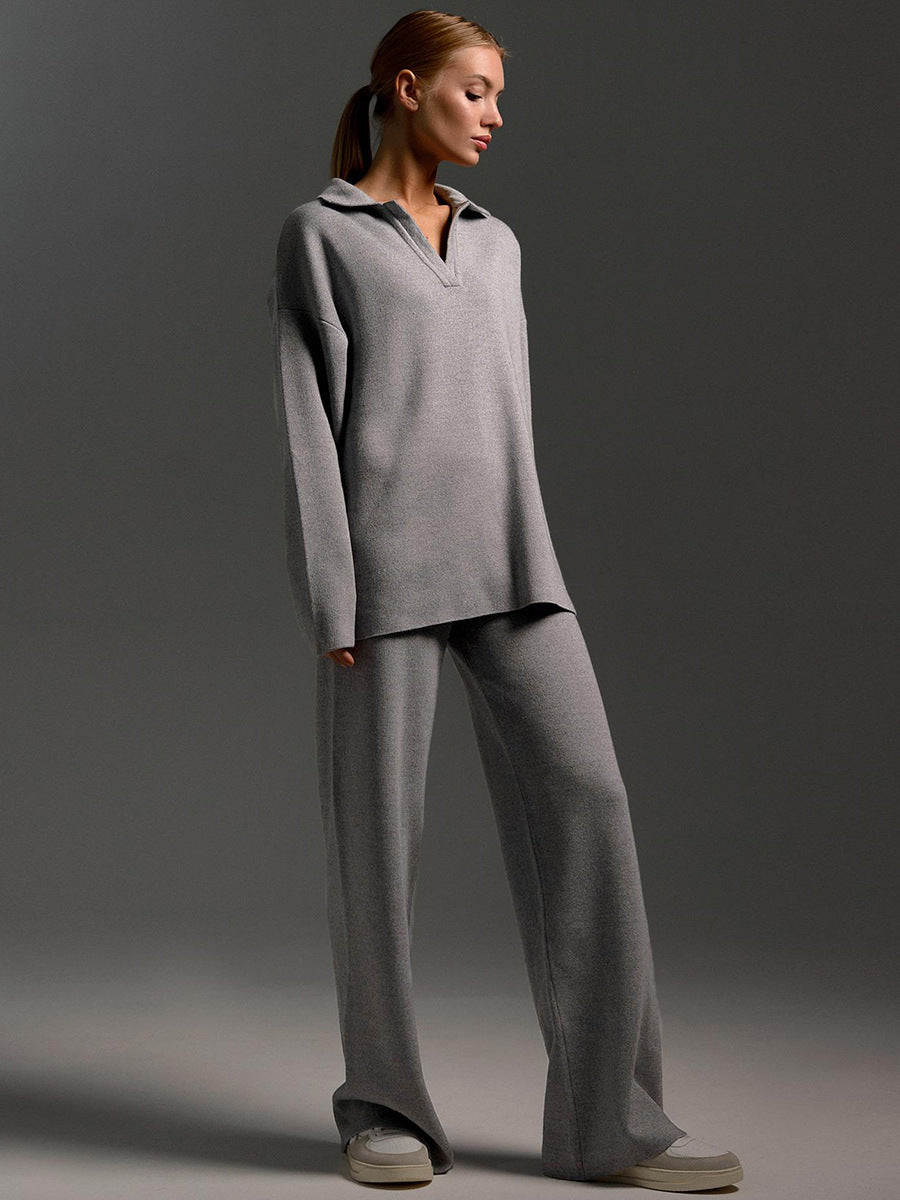 Thick Women Knitted Suits Soft 2 Pieces Sets Female Polo Neck Sweater