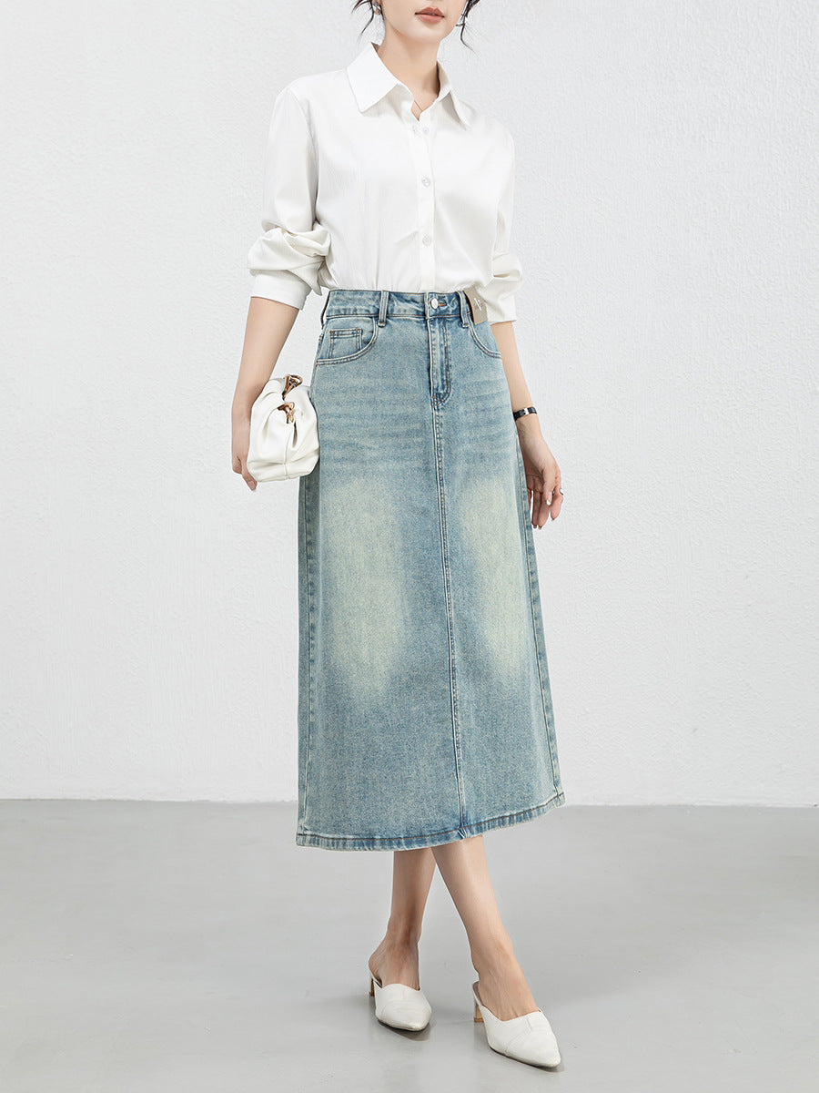 Retro High Waist Slim Straight Denim Skirt Mid-Length Slit Cotton Jeans Skirts
