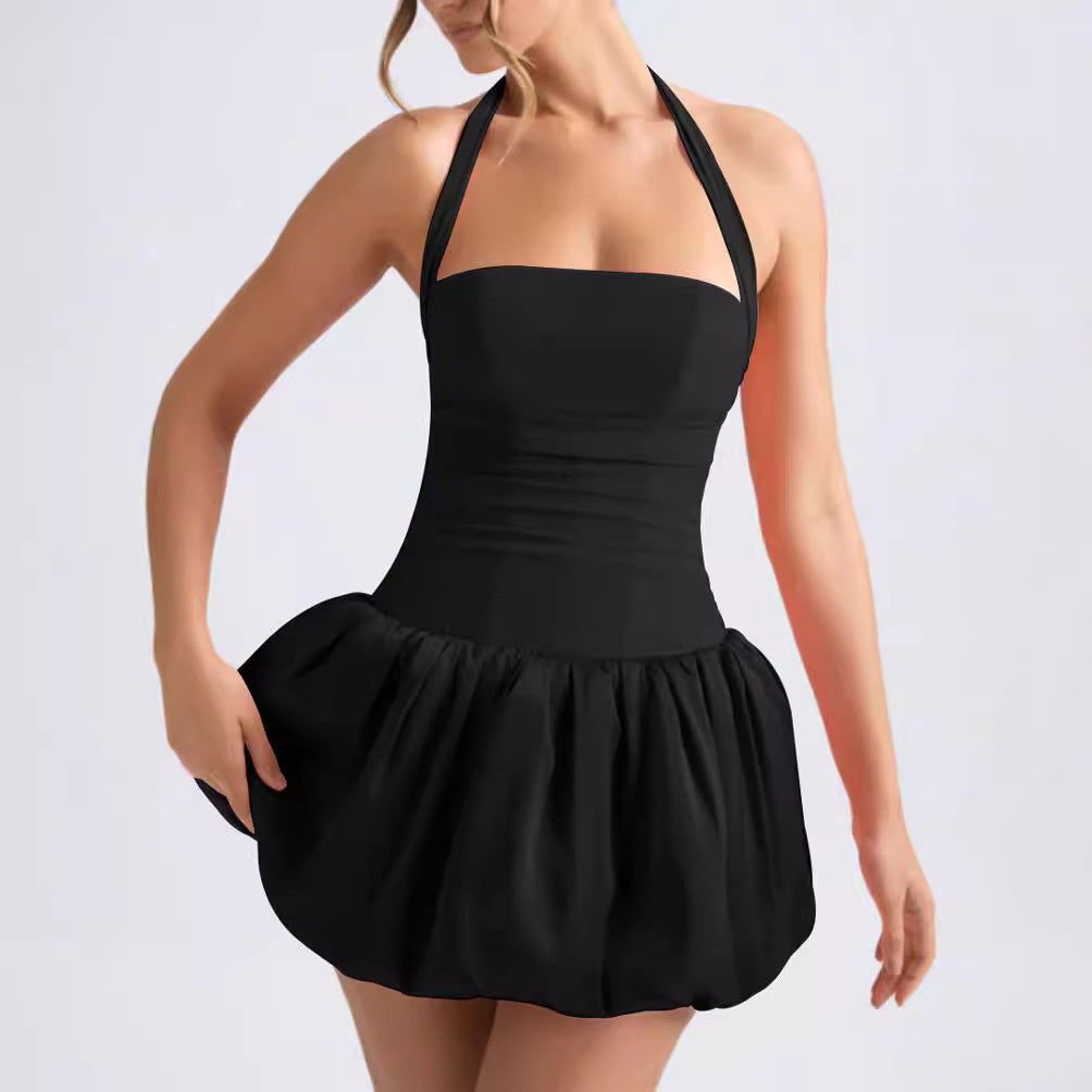 Women's Ruffle Mini Halter Neck Camisole Dress Sexy Backless Patchwork A-Line Hem High Waist Beach Solid Slim Fit Dress