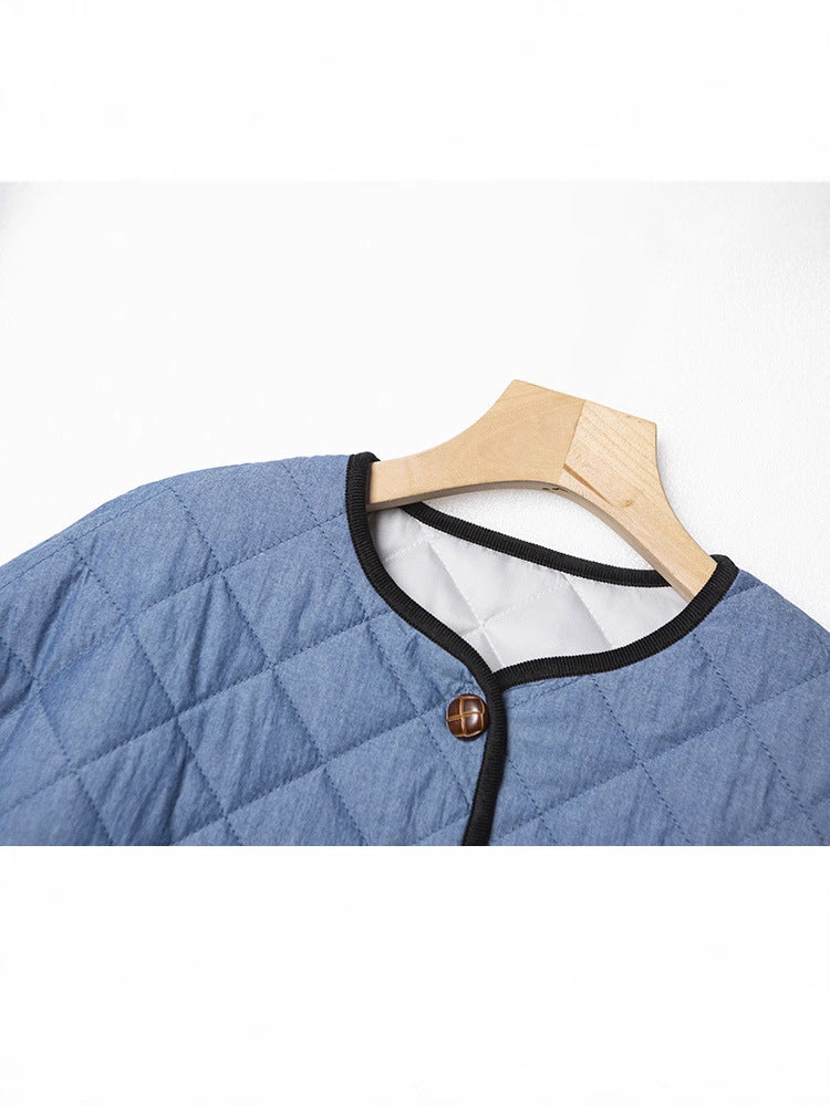 Women and Men Denim Corduroy Splice Parkars Coat Argyle Quilted Single Breasted O-neck Unisex Loose Jacket Outerwear