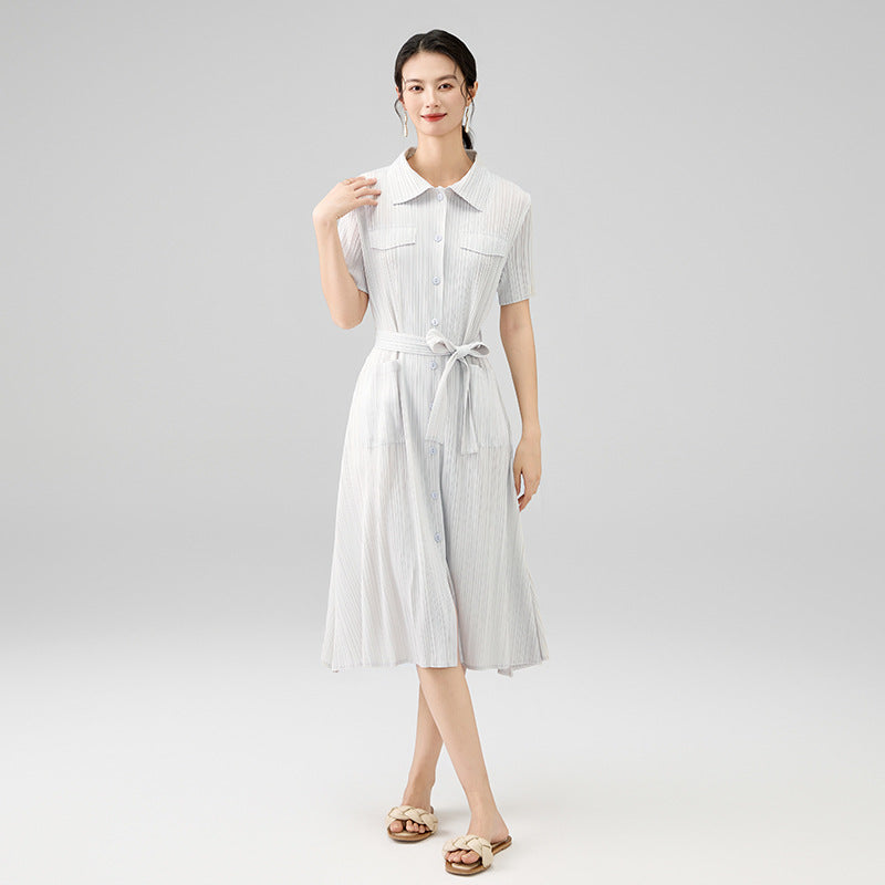 Summer New Folded Laple Short Sleeve Bandage Single Breasted Mid-calf Dresses