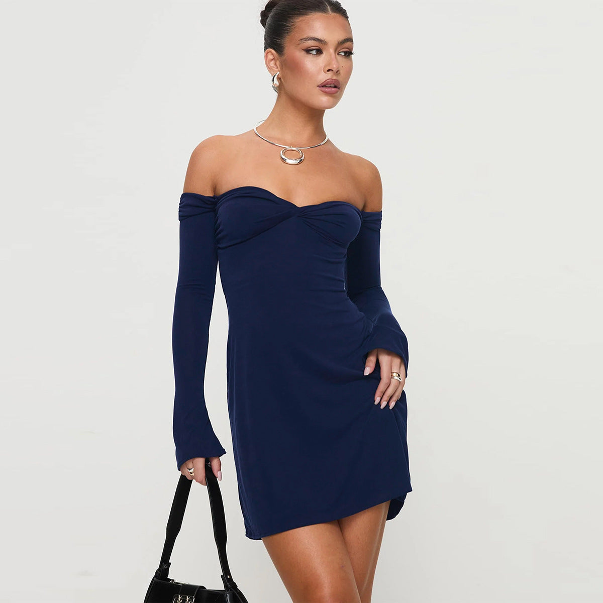Women's New Spring/summer Solid Color Dress Fashionable One-line Collar Sexy Tube Top Off-shoulder Pleated Slim Hip Skirt