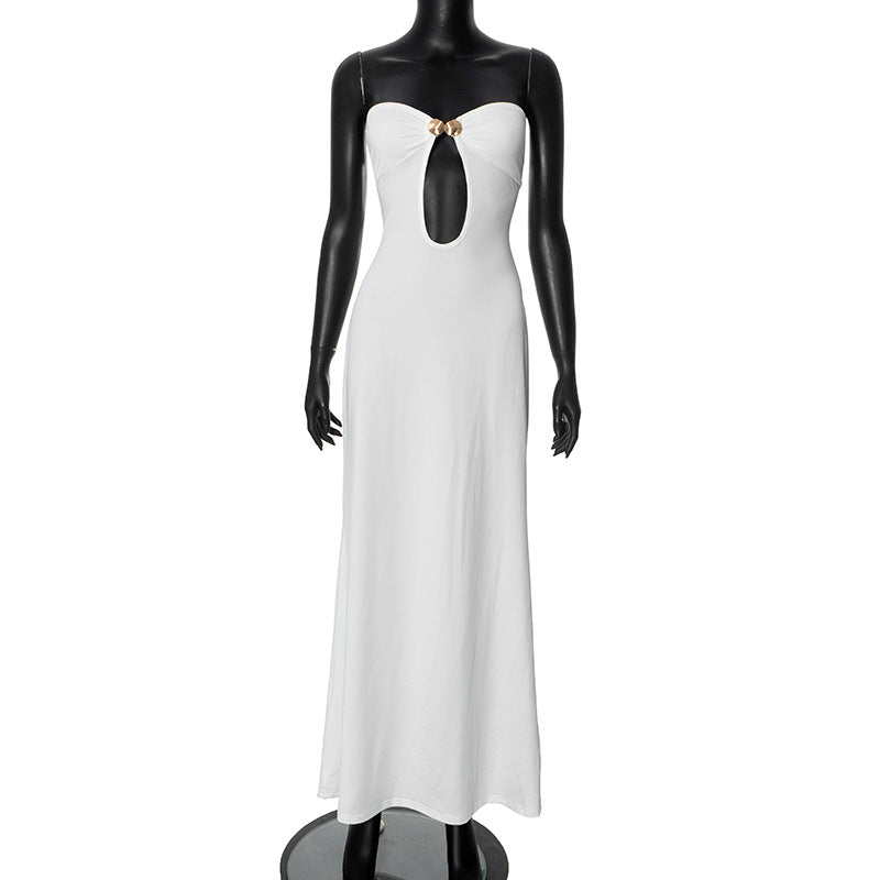 Sexy Strapless Cut Out Bodycon Maxi Dress Women Off Shoulder Backless Solid White Sundress Summer Beach Clothe