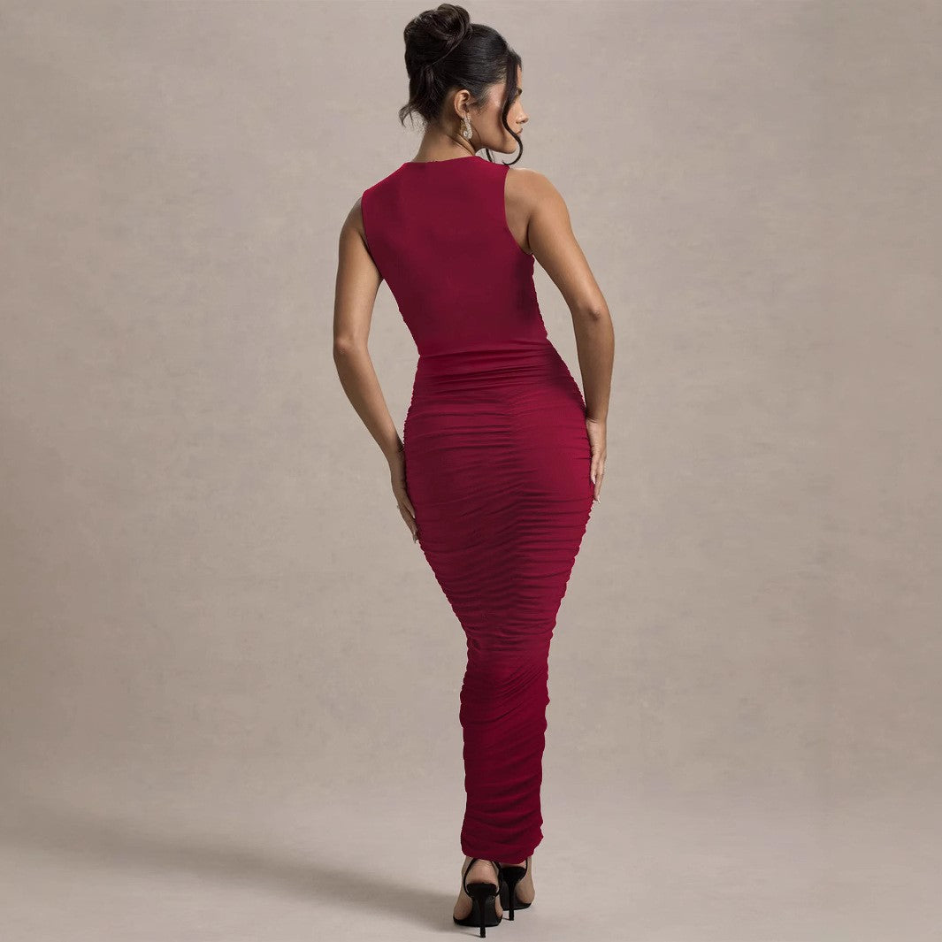 Fashionable Elegant Sexy Off Shoulder Hollow Out Sleeveless Tight Fitting Women's Long Dress Club Waist Cinching Evening Dress