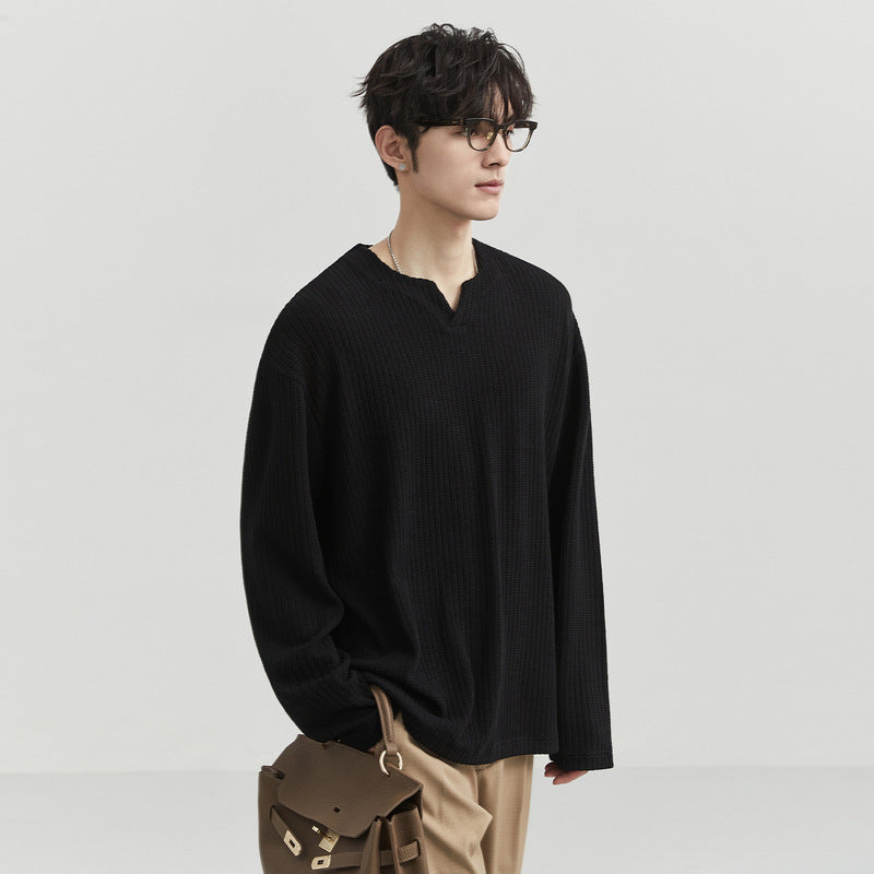 New Trendy Men's Minimalist and Versatile V-neck Pit Stripe Long Sleeved Elastic Solid Casual Loose Oversized T-shirt