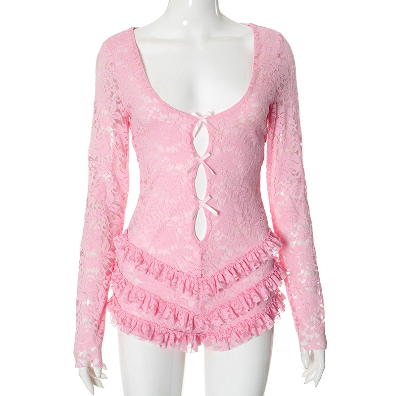 Lace Patchwork Bow Hollow Out Autumn Playsuits Rompers Women Pink Holiday Casual Elegant Short Playsuit Homewear
