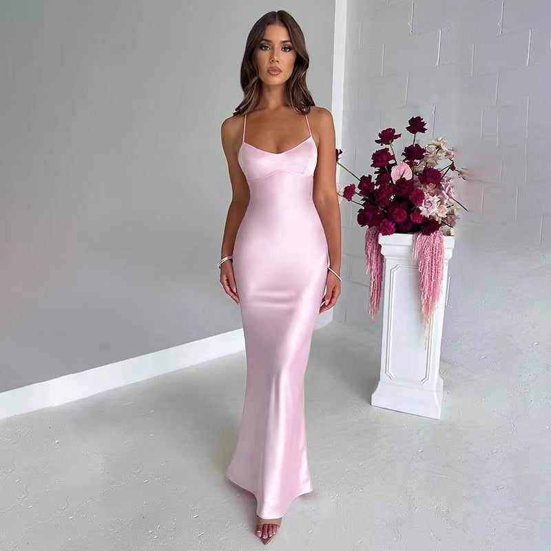 Sexy Satin Backless Lace Up Mermaid Slip Dress