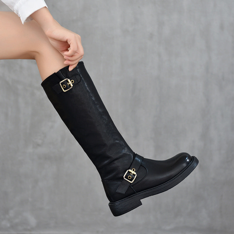 Cow Leather Chunky Med Heels Retro Riding Boots Brand Winter Warm Zipper Concise Office Lady Casual Knee High Boots