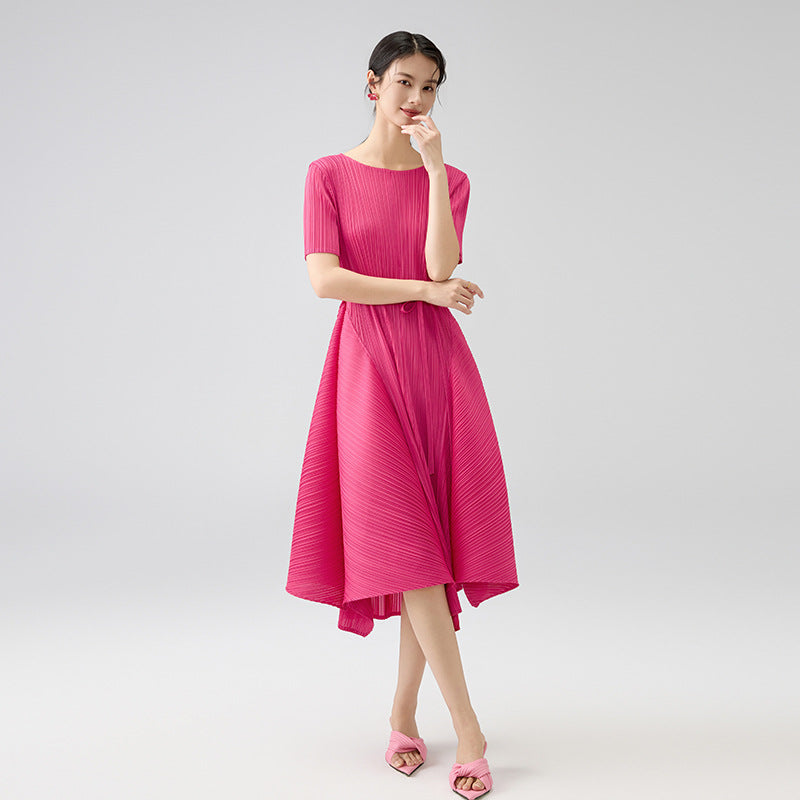 Summer New Elegant Temperament Tie Waist Slim Large Hem Dresses