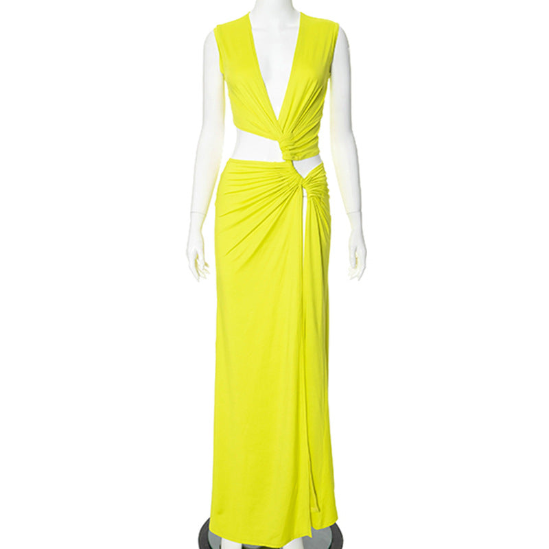 Sexy Hollow Out Twist Knot High Slit Maxi Dress Chic Ladies Deep V Sleeveless Solid Long Dresses Fashion Female Vacatio