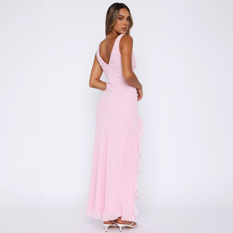 Women's Spring and Summer New Slim Halter Dress European and American Style Sexy V-neck Ruffled Split Dresses