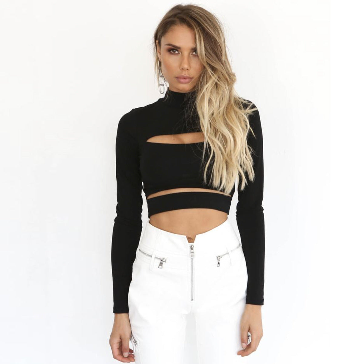 Fashionable Sexy Hollow Sleeve T-shirt Women's Top Two-Piece Illusion Long Sleevet Tshirt Women's Polyester Fiber Full Sleeve