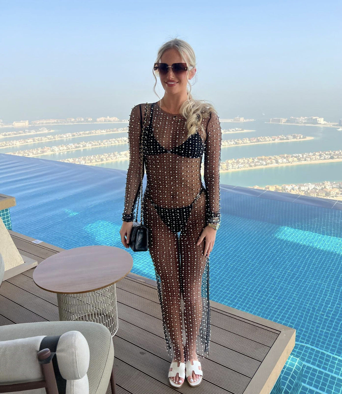 Women's Beach Bikini Cover Up Bathing Suit Fish Net Pearl Rhinestone Mesh See Through Swimsuit Beachwear Dresses