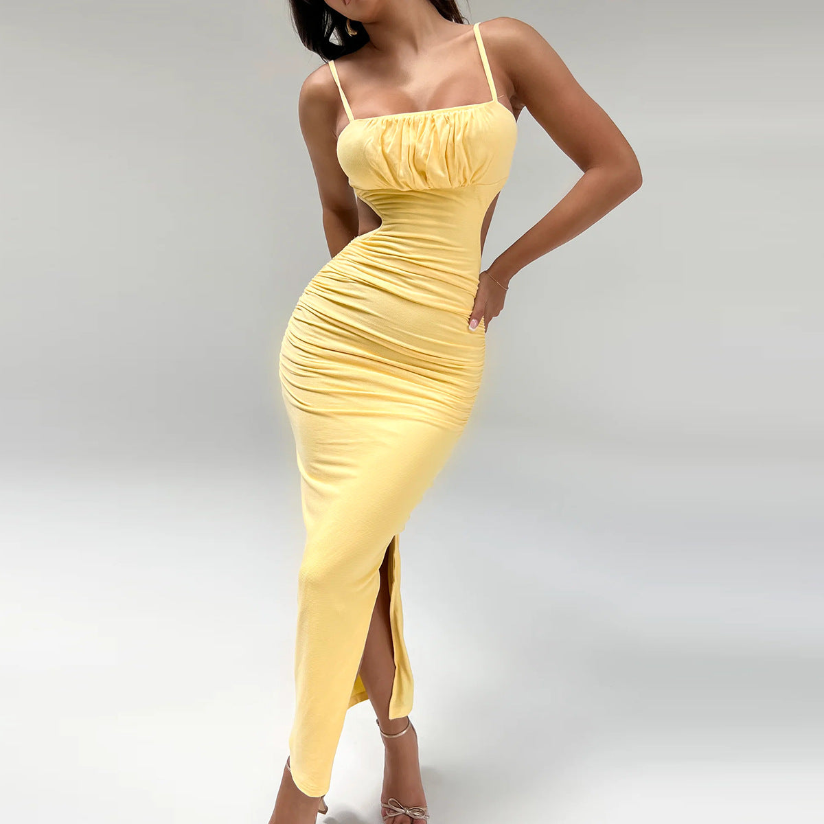Women's Clothing Suspender Dress, European And American Sexy Backless Pleated Hip-wrapped Side Split Dress