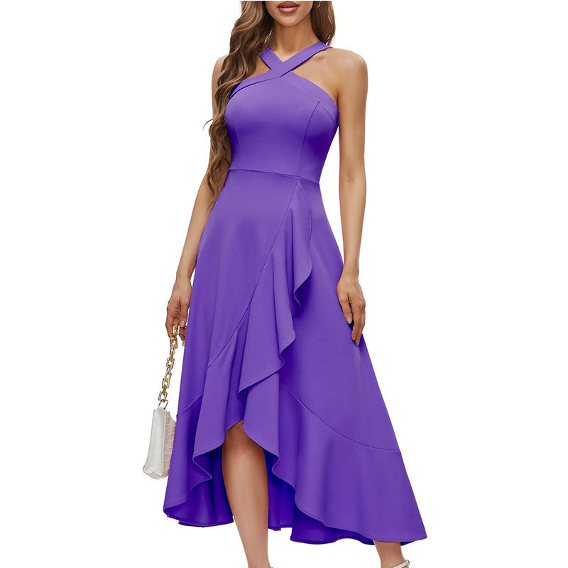 Party Dresses for Women Elegant Halterneck Sleeveless Sexy Evening Dress Solid Color Ruffle Design Long Dresses Vestidos Curtos