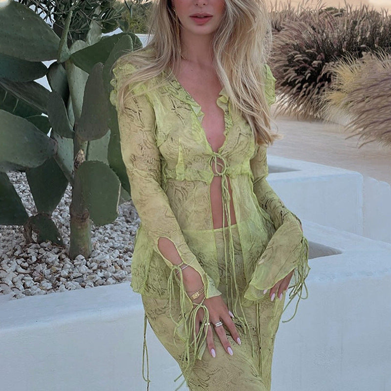 Chiffon Elegant V Neck Printed Beach Cardigan Shirt Long Maxi Skirt Women Two Piece Set Bandage Ruffles Y2K Green 2024