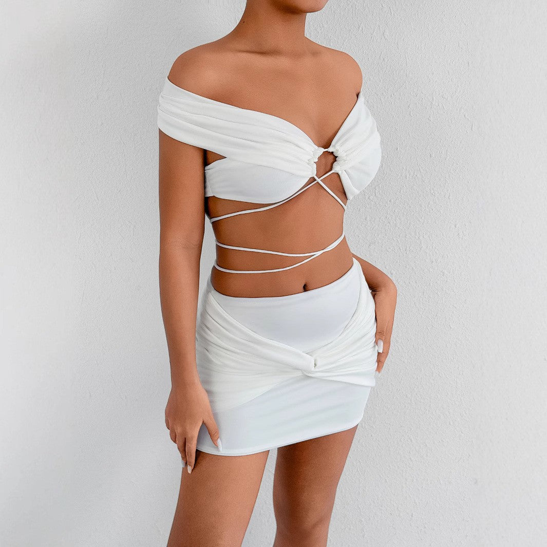 Sexy Shoulderless Hollow Out Short Skirt Two-piece Set Nightclub Party Fashionable White Strap Vest Wrinkled Hiphugging Skirt