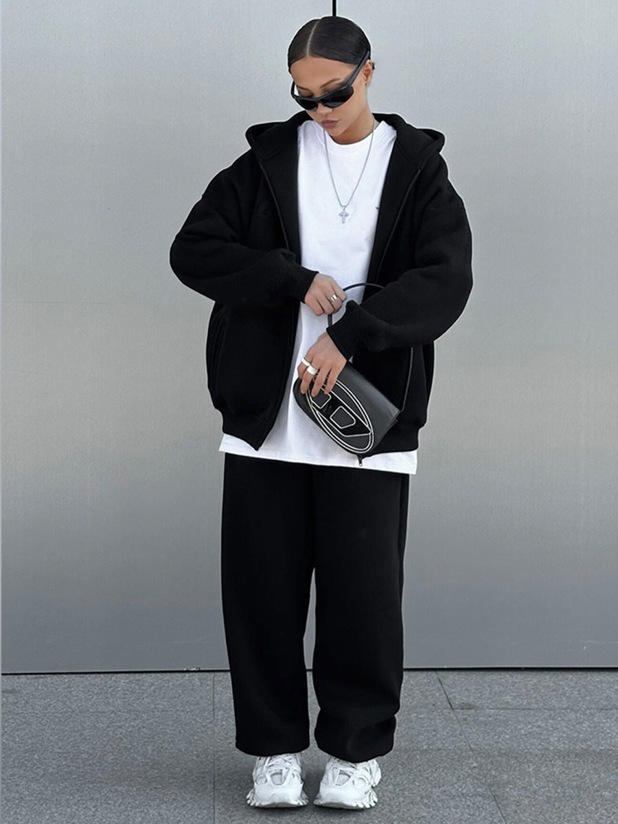 Womens Hooded Polar Fleece Cardigan Sweatshirt Suit Two Piece Suit