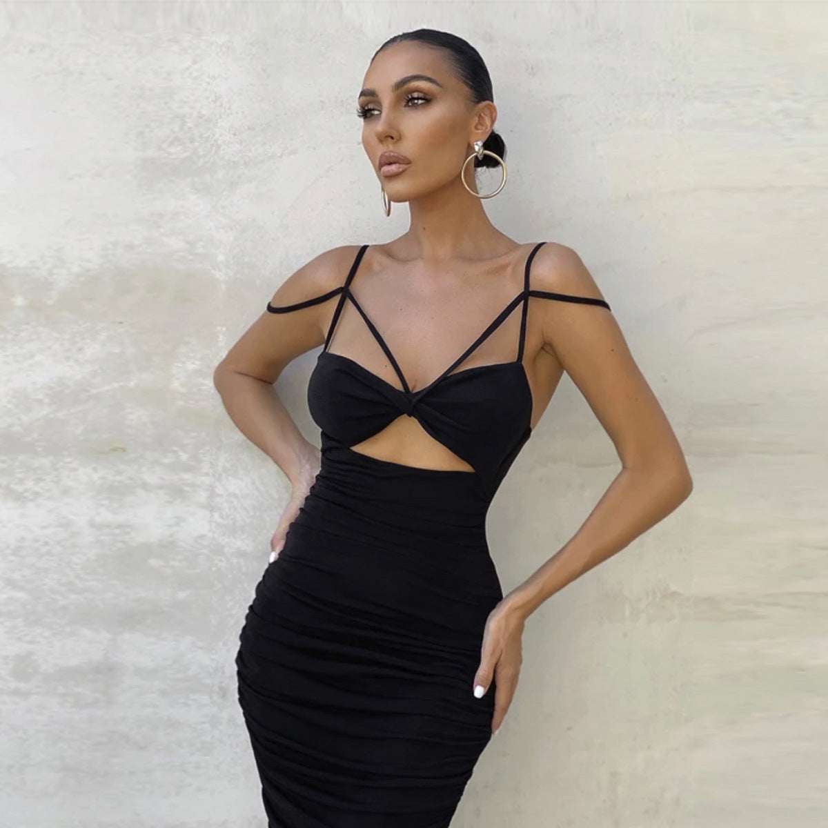 Cross-Border Sexy Hollow V-Neck Bodycon Dress From Europe And America With Ruched Waistline Casual Comfortable Vestido De