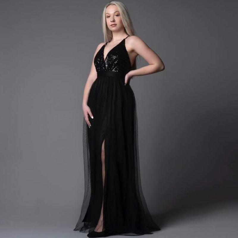 Evening Dress Long Spaghetti Strap Split Back Sexy Gauze Cocktail Party Blackish Green Gray Pink Rose Red Dark Blue Girl