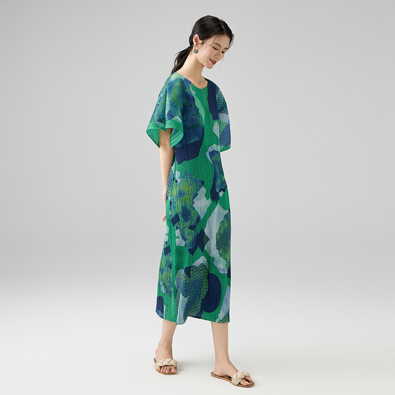 Spring New Geometric Print Five-quarter Sleeve Round Neck Loose Fashion Temperament Dress