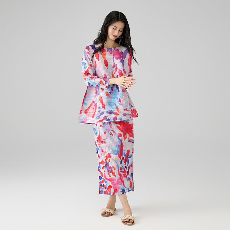 Fashion Pleated Two Piece Sets Women Printed Contrasting Design Loose Top Elastic Waist Skirt