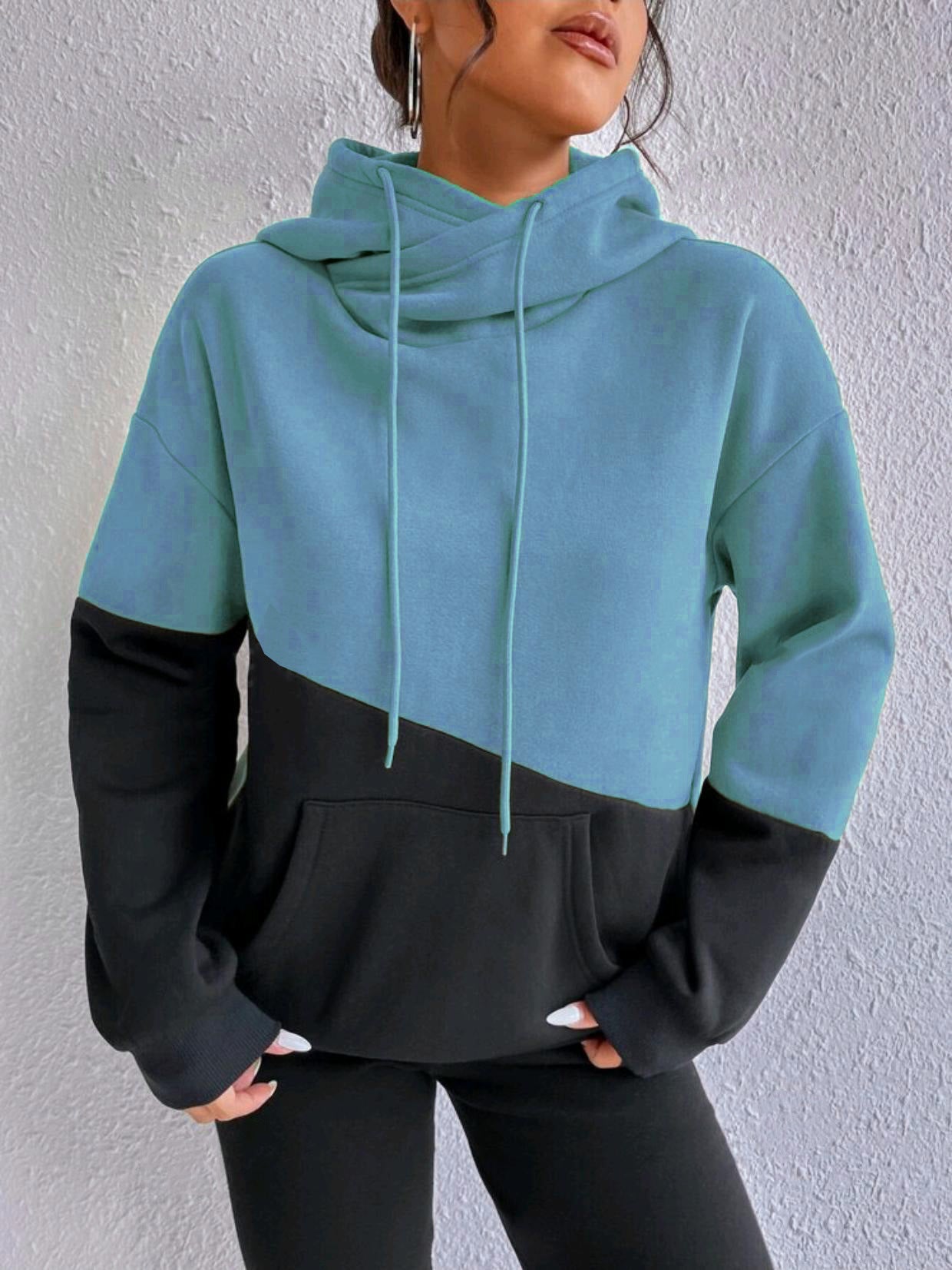 Lady Fall Winter Hoodie Color Block Stitching Pocket Drawstring Casual Street Loose Long Sleeve Hooded Sweatshirt Women's Top