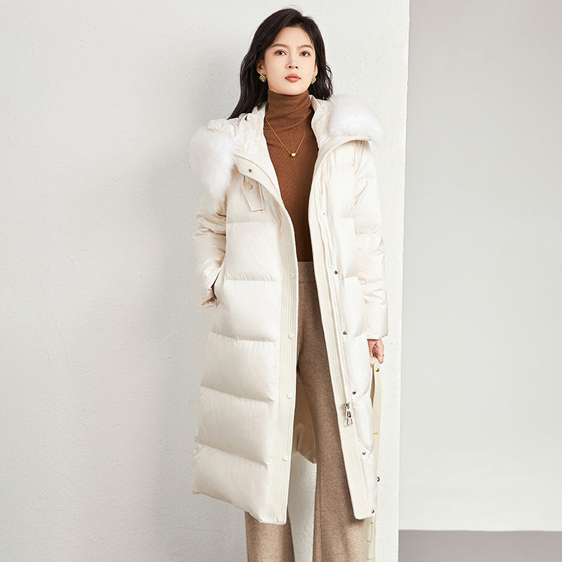 Women's Puffer Coats Winter New Outerwears White Goose Down Large Fur Collar Thick Parker Simple Slim Belt Elegant Down Jackets