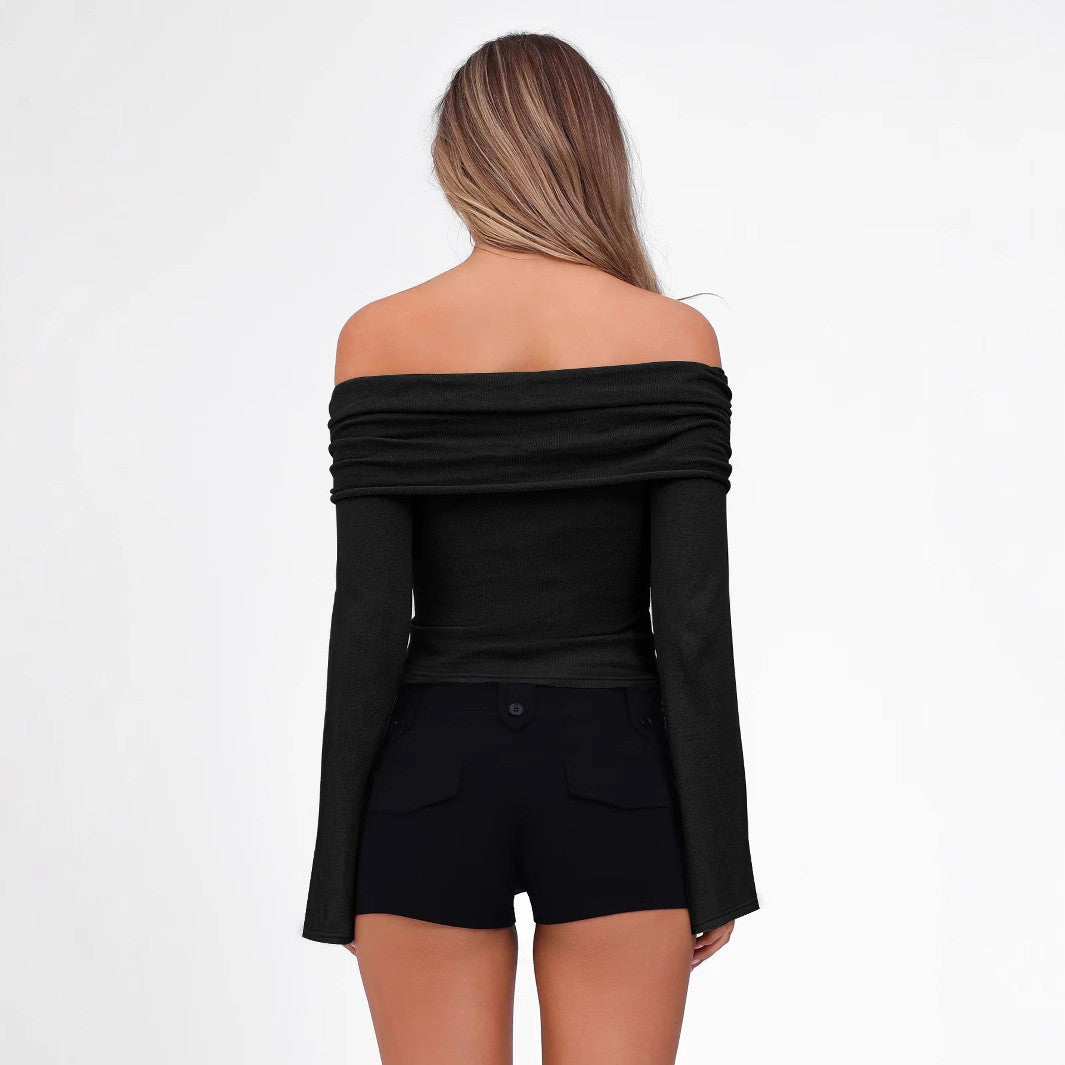 Sexy Elegant Women's Semi Transparent T-shirt Round Neck Long Sleeved Solid Color Casual T-Shirt Retro Off Shoulder Sexy T-Shir