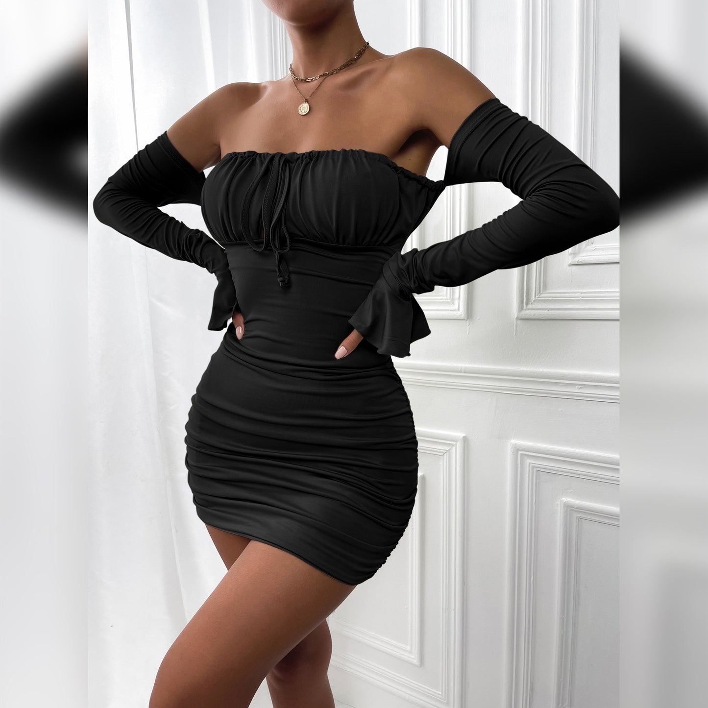 Sexy Bodycon Dresses Women White Pleated long sleeve Mini Dress Vestidos Elegant Club Party Dresses