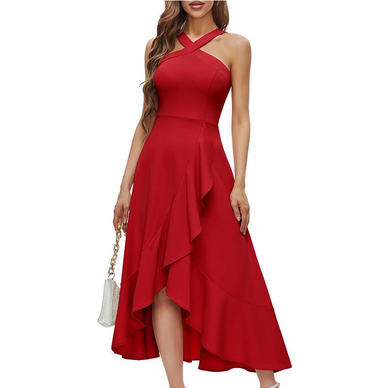 Party Dresses for Women Elegant Halterneck Sleeveless Sexy Evening Dress Solid Color Ruffle Design Long Dresses Vestidos Curtos